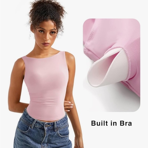 NWT SUUKSESS Padded Open Back Boat Neck Tank Tops Double Lined Large Pink - Picture 2 of 7